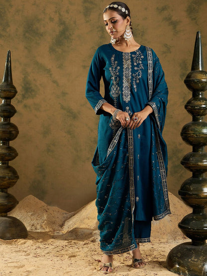 Dhiyona IE Women Ethnic Motifs Embroidered Regular Kurta with Trousers & With Dupatta
