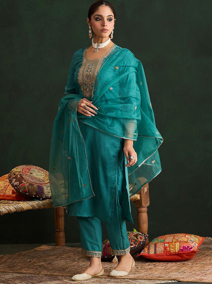 Dhiyona IE Women Ethnic Motifs Embroidered Regular Thread Work Kurta with Trousers & With Dupatta