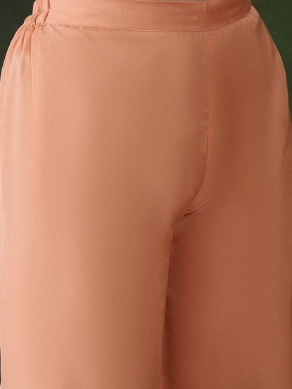 Indyancart SN Women's Peach Floral Embroidered Zari Straight Kurta With Trouser And Dupatta