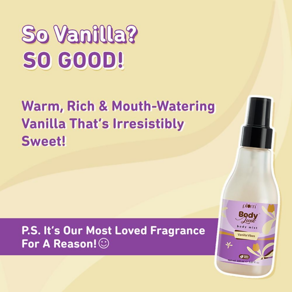 Plum BodyLovin Vanilla Vibes body mist bottle with a floral and vanilla-themed label, showcasing the product on a clean background.
