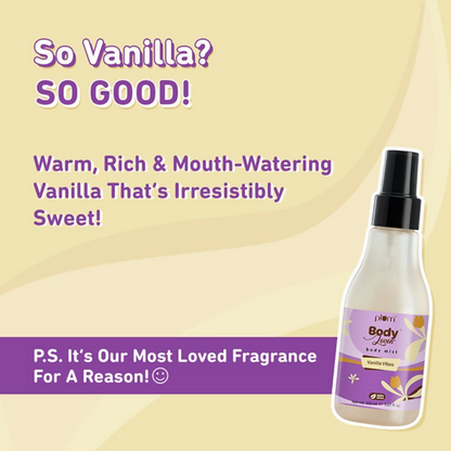 Plum BodyLovin Vanilla Vibes body mist bottle with a floral and vanilla-themed label, showcasing the product on a clean background.