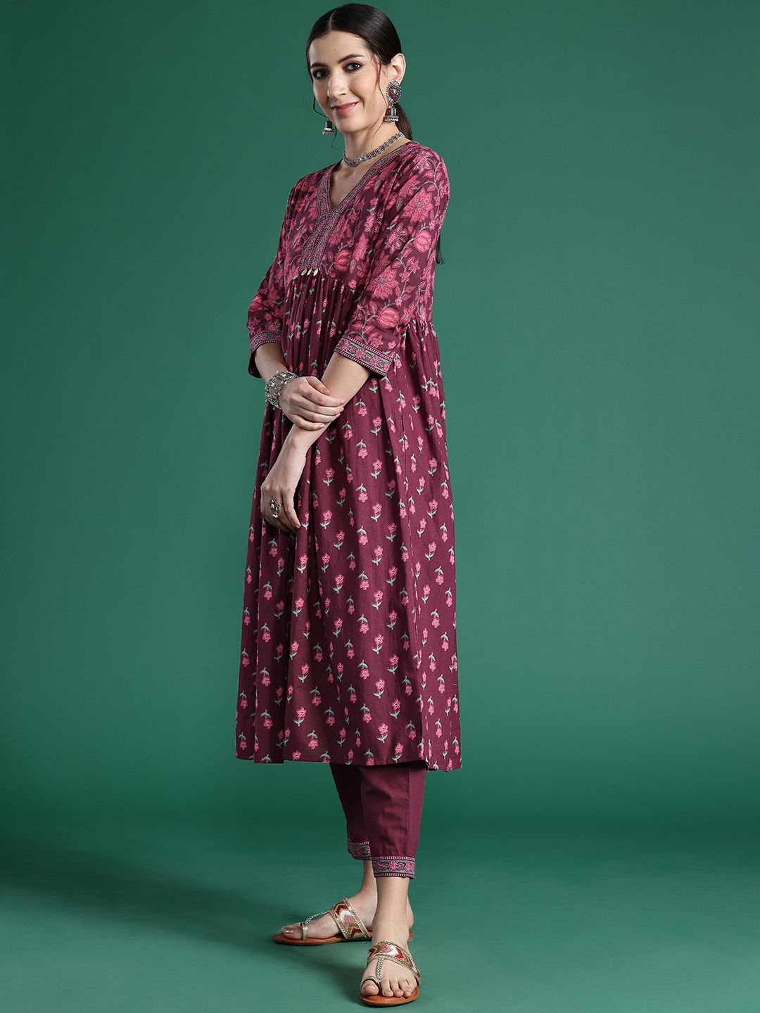 Indyancart IE Floral Printed Empire Pure Cotton Kurta with Trousers & Dupatta