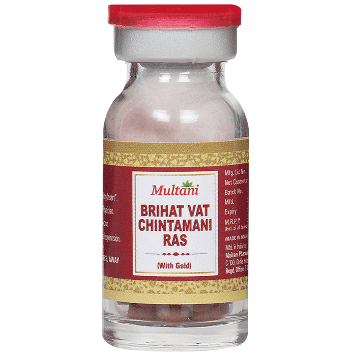 Multani Brihat Vat Chintamani Ras Ayurvedic tablets with gold, traditional herbal medicine, in a clear container.