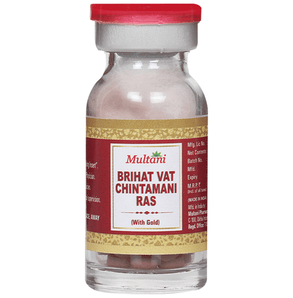 Multani Brihat Vat Chintamani Ras Ayurvedic tablets with gold, traditional herbal medicine, in a clear container.