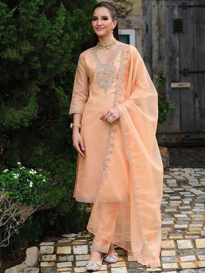 Indyancart IE Women Embroidered Straight Kurta Trousers With Dupatta set