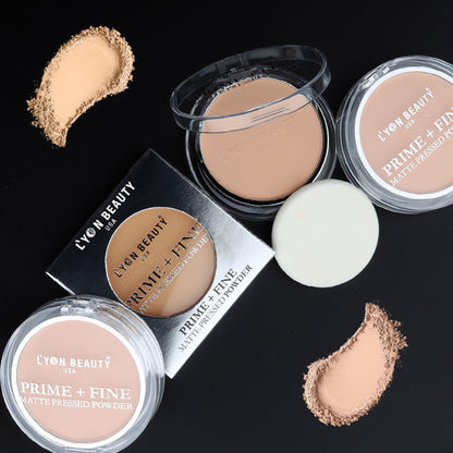 Lyon Beauty Prime + Fine Compact Powder in Shade 01 with a sleek compact case and mirror for smooth, matte finish application.
