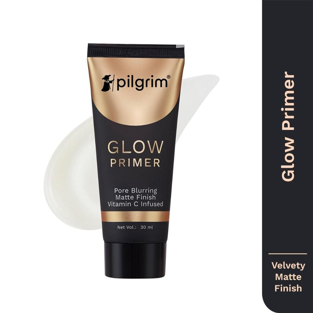 Pilgrim Instant Glow Primer with gold shimmer, featuring a sleek tube and visible gold flecks for radiant skin enhancement.