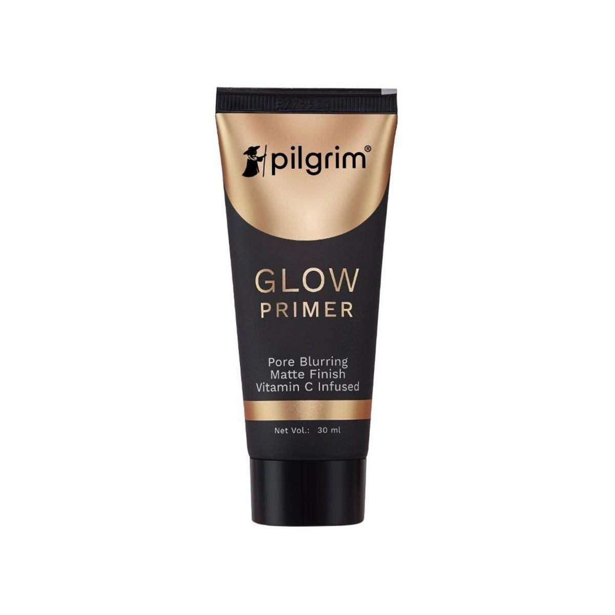 Pilgrim Instant Glow Primer with gold shimmer, smooth texture and radiant finish, shown in a close-up image.