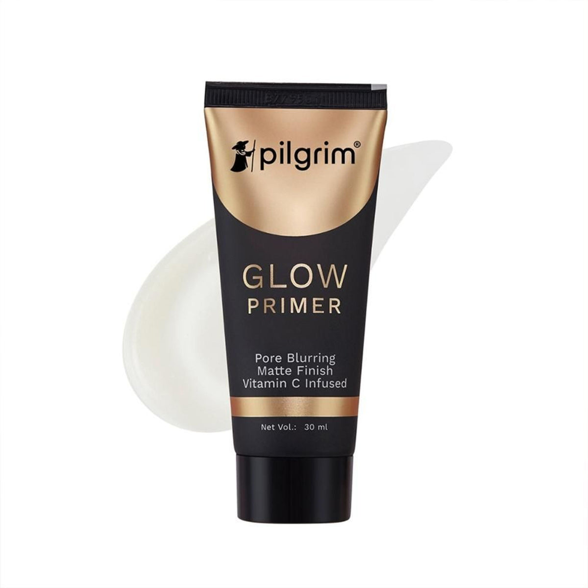 Pilgrim Instant Glow Primer with gold shimmer, showing a sleek tube with shimmering gold accents and a smooth, radiant finish.