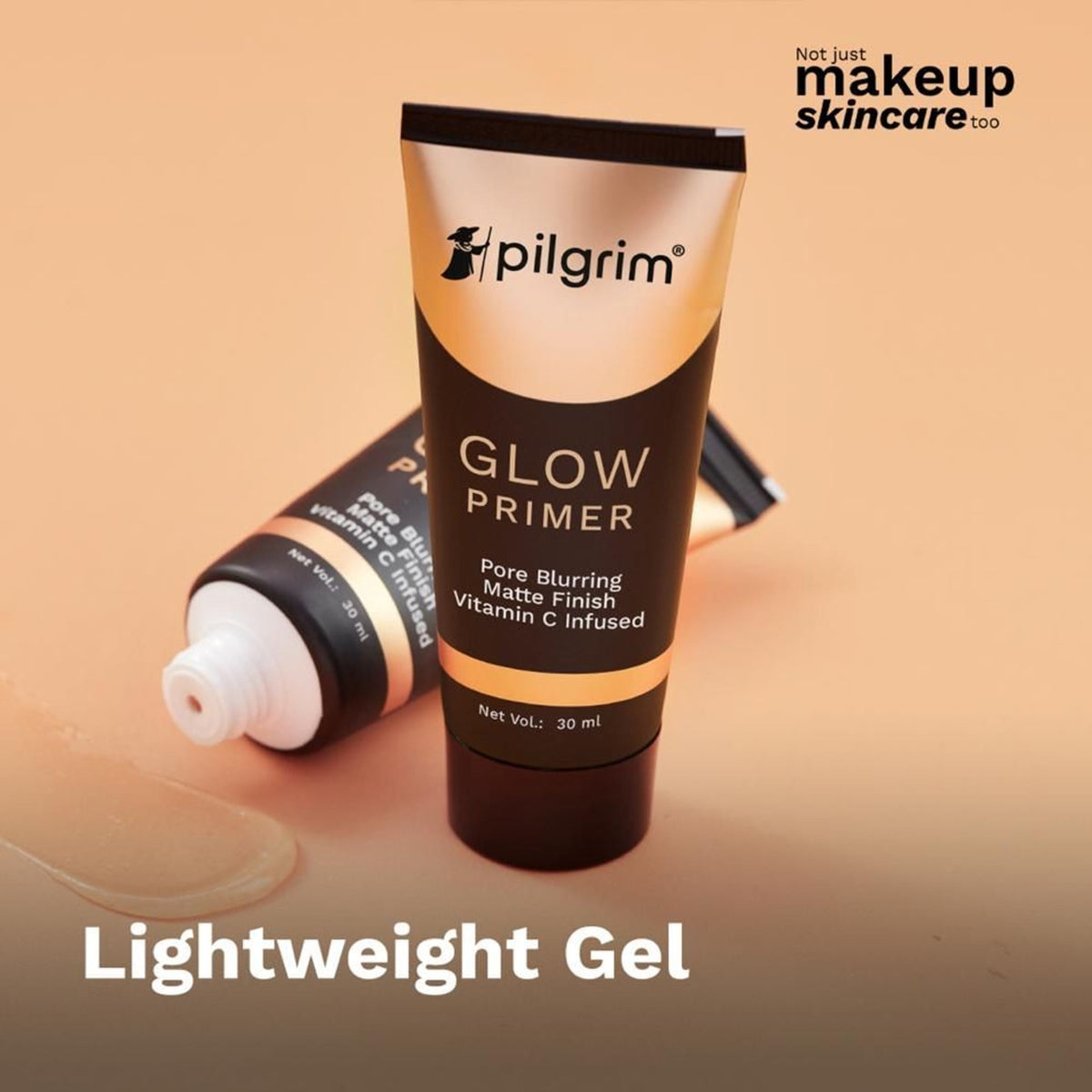 Pilgrim Instant Glow Primer with gold shimmer, smooth texture and radiant finish, shown in a sleek bottle with gold accents.