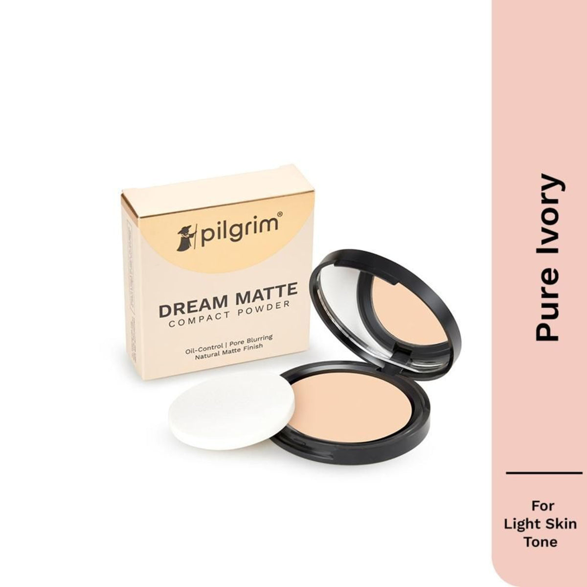 Pilgrim Dream Matte Oil Control and Pore Blurring Compact in Pure Ivory 110 with Vitamin E, open to show smooth, matte finish.