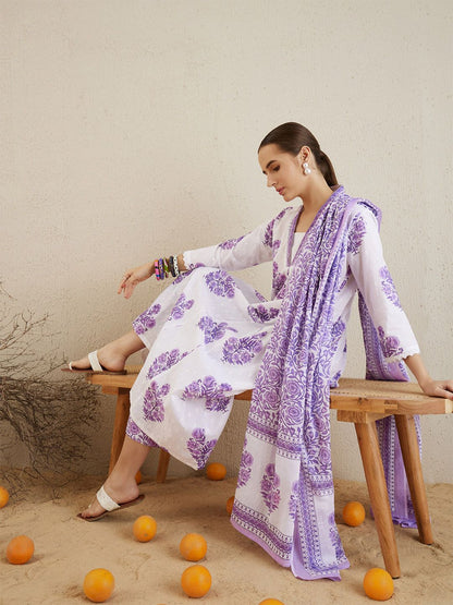 Indyancart IE Women Floral Printed Panelled Pure Cotton Kurta with Palazzos & With Dupatta