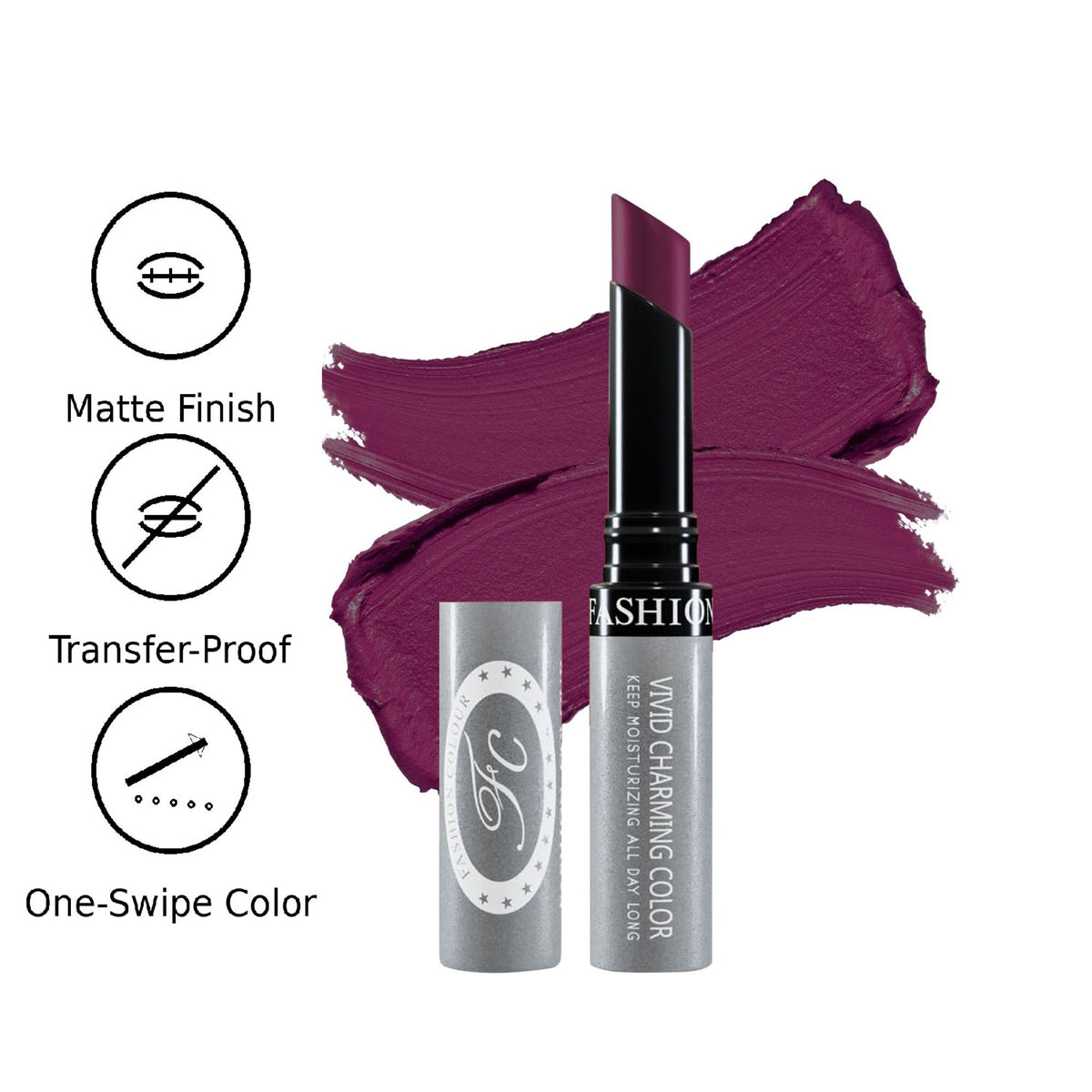FASHION COLOUR Kiss Lip No-Transfer Lipstick in Violet Jam, a vibrant purple lipstick with a sleek packaging design.