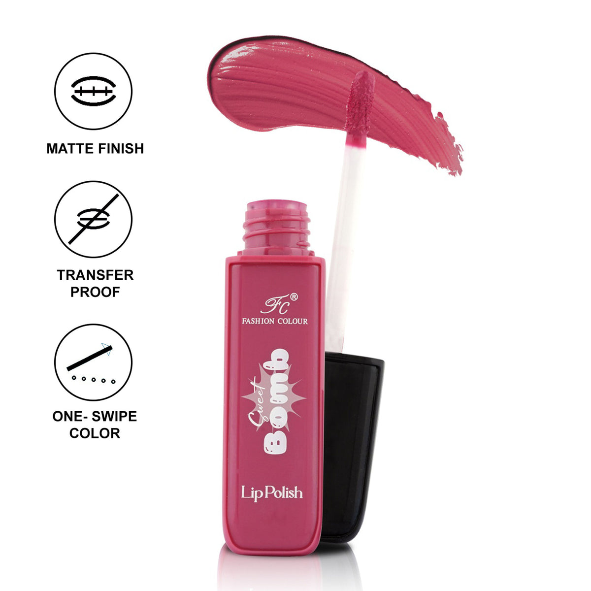 FASHION COLOUR Sweet Bomb Lip Gloss in Pink Sugar, showing a close-up of the glossy pink lip gloss tube with a shiny cap.
