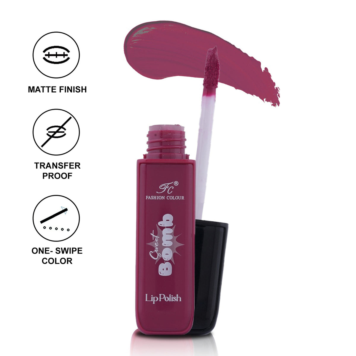 FASHION COLOUR Sweet Bomb Lip Gloss in Spicy Ruby showing a shiny, vibrant red lip gloss applicator and tube.
