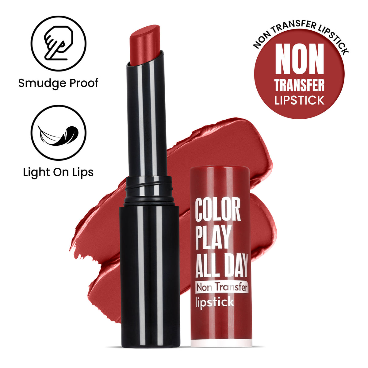FASHION COLOUR Play All Day Non-Transfer Lipstick in Dull Red, featuring smooth, matte finish and sleek lipstick tube.
