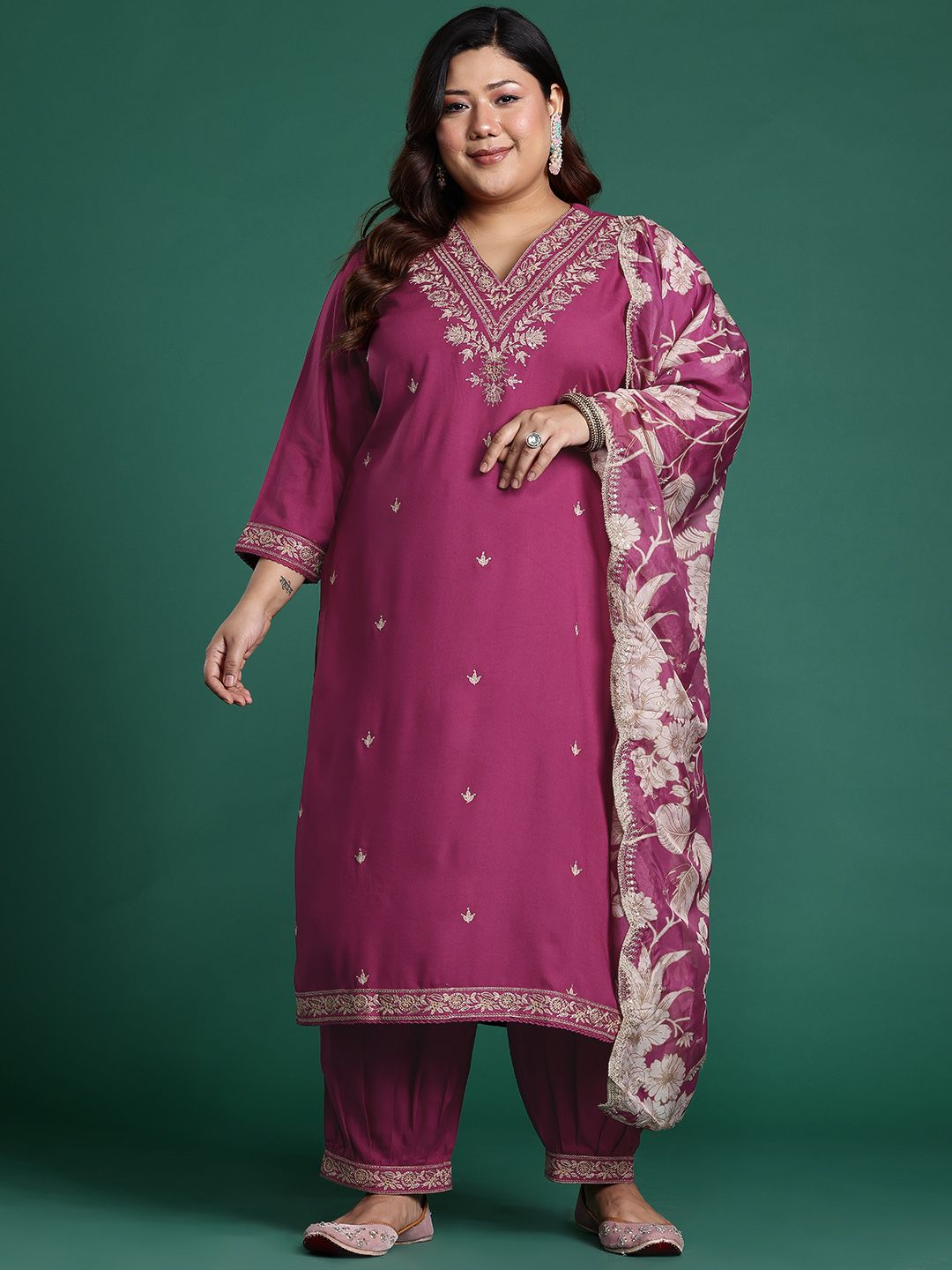 Indyancart Women's Plus Size Floral Zari Embroidered Kurta with Salwar & With Dupatta