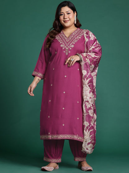 Indyancart Women's Plus Size Floral Zari Embroidered Kurta with Salwar & With Dupatta