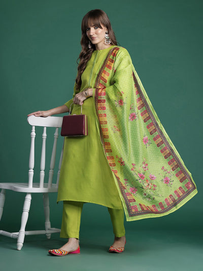 Indyancart IE Ethnic Motifs Yoke Design Thread Work Kurta with Trousers & With Dupatta