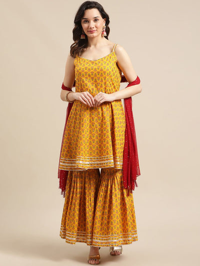 Indyancart VA Women's Mustard Yellow Ethnic Motifs Empire Gotta Patti Pure Cotton Kurti with Sharara & With Dupatta