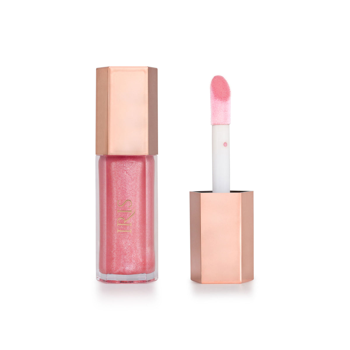 IRIS COSMETICS Talk Glossy To Me! shimmer lip gloss in light pink with iridescent shimmer, showing a close-up of the glossy lip product.