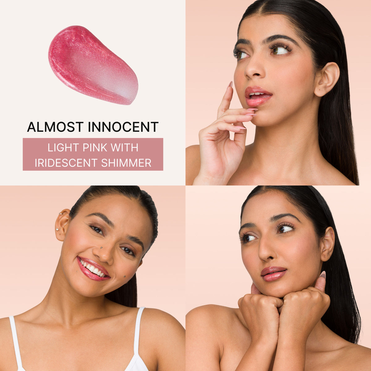 IRIS COSMETICS Talk Glossy To Me! shimmer lip gloss in light pink with iridescent shimmer, displayed in a clear tube with applicator
