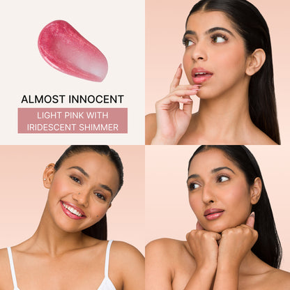 IRIS COSMETICS Talk Glossy To Me! shimmer lip gloss in light pink with iridescent shimmer, displayed in a clear tube with applicator