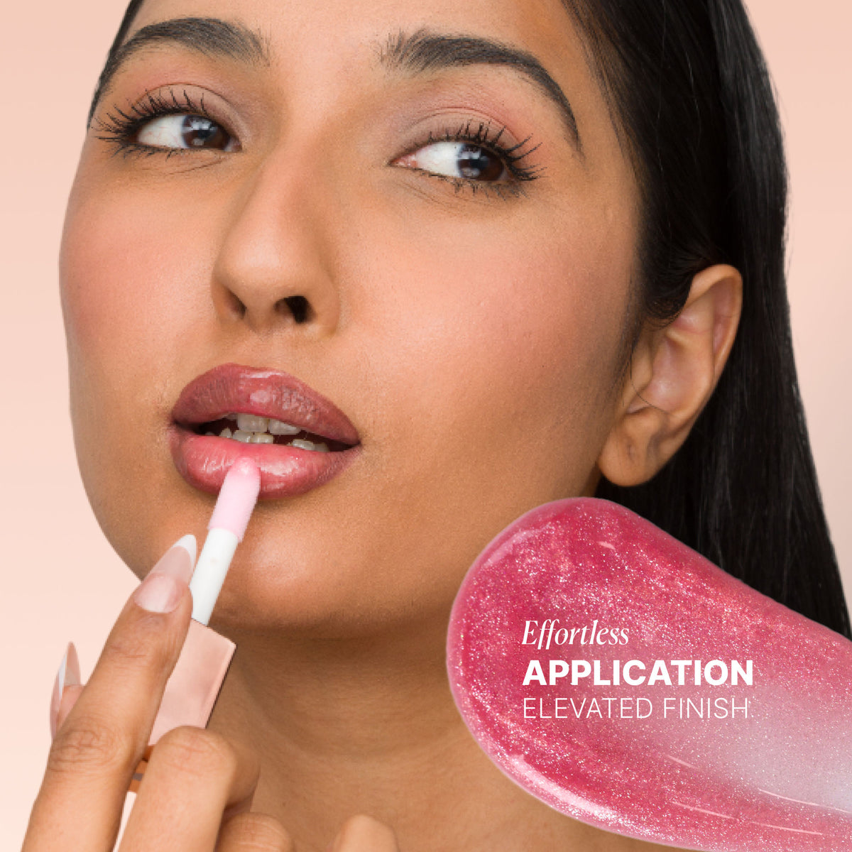 IRIS COSMETICS Talk Glossy To Me! Shimmer Lip Gloss in light pink with iridescent shimmer, showcasing its glossy, shimmering finish.