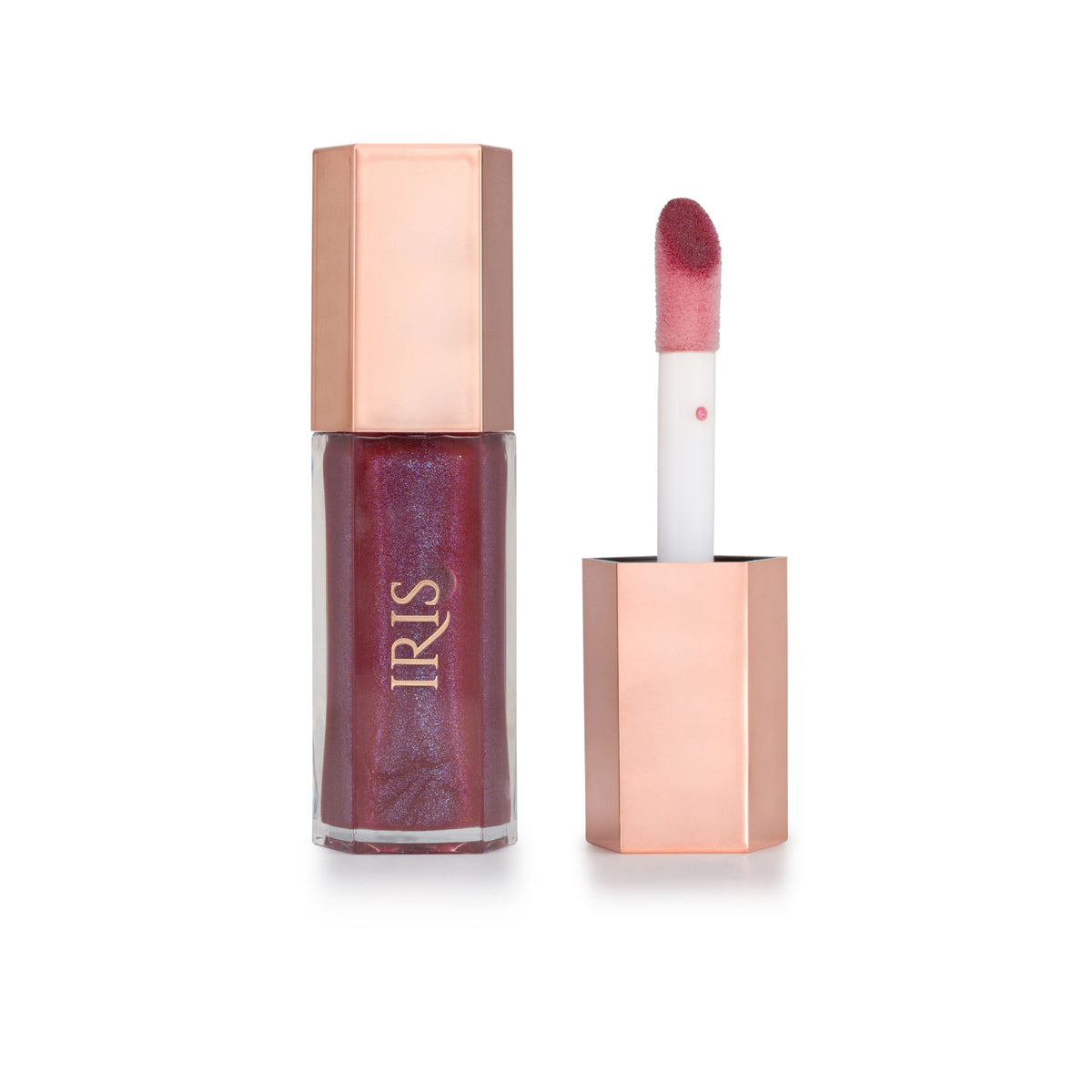 IRIS COSMETICS Talk Glossy To Me! Shimmer Lip Gloss in Deep Plum with subtle blue shimmer, showing a close-up of the glossy lip product.
