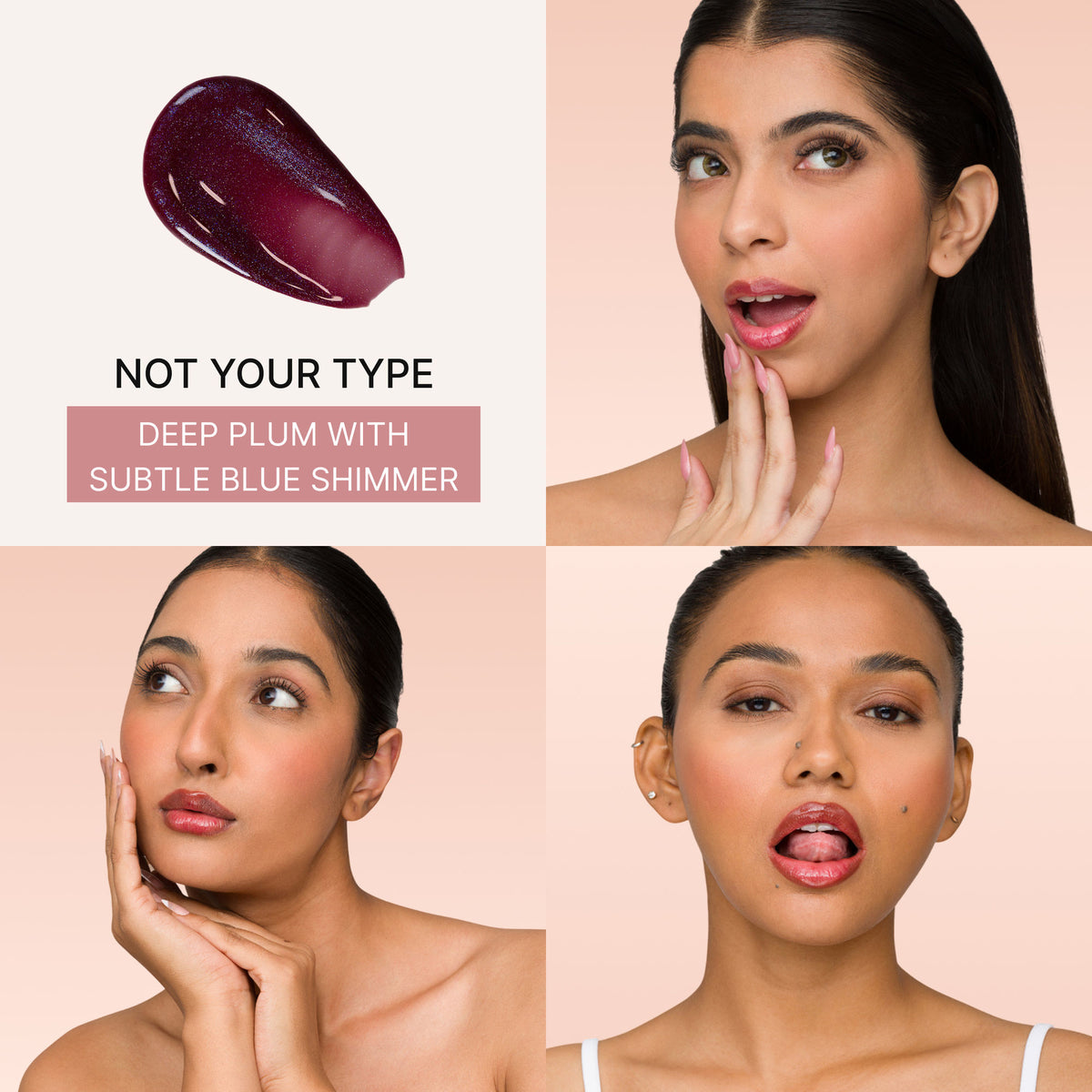 IRIS COSMETICS Talk Glossy To Me! Shimmer Lip Gloss in deep plum with subtle blue shimmer, showcasing its glossy finish and color.