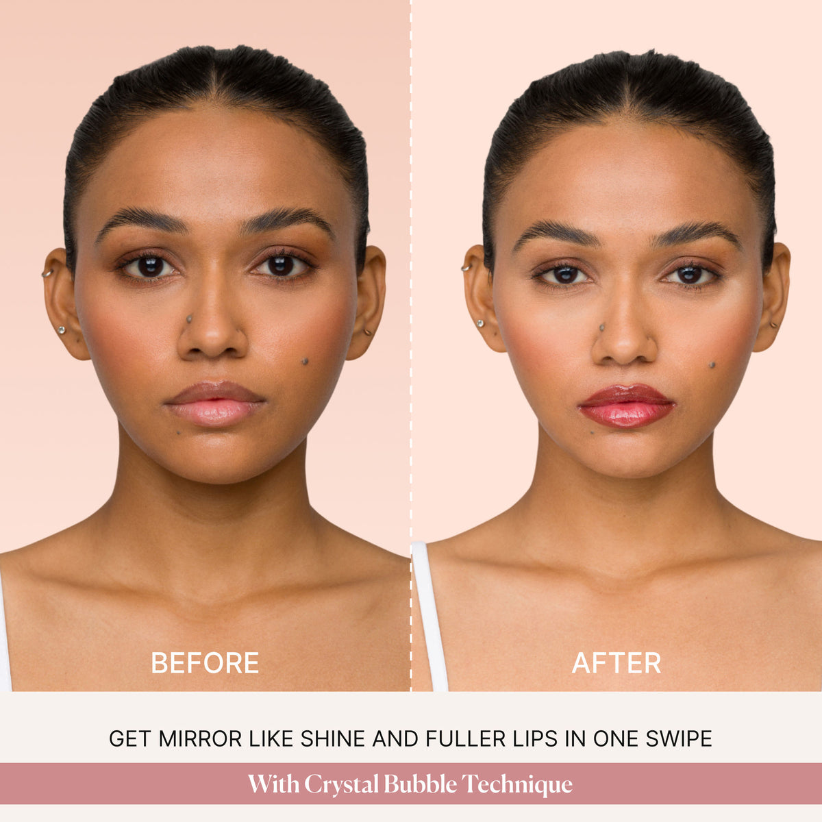 IRIS COSMETICS Talk Glossy To Me! Shimmer Lip Gloss in deep plum with subtle blue shimmer, showing a glossy lip finish.