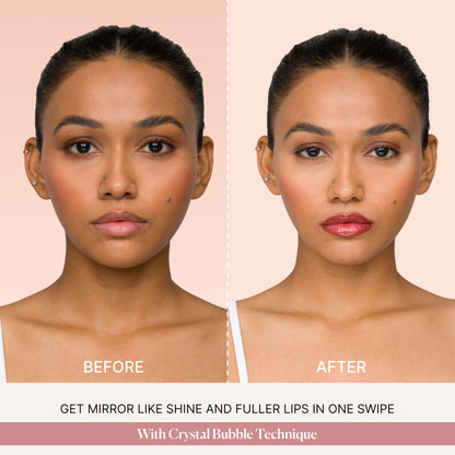 IRIS COSMETICS Talk Glossy To Me! Shimmer Lip Gloss in deep plum with subtle blue shimmer, showing a glossy lip finish.
