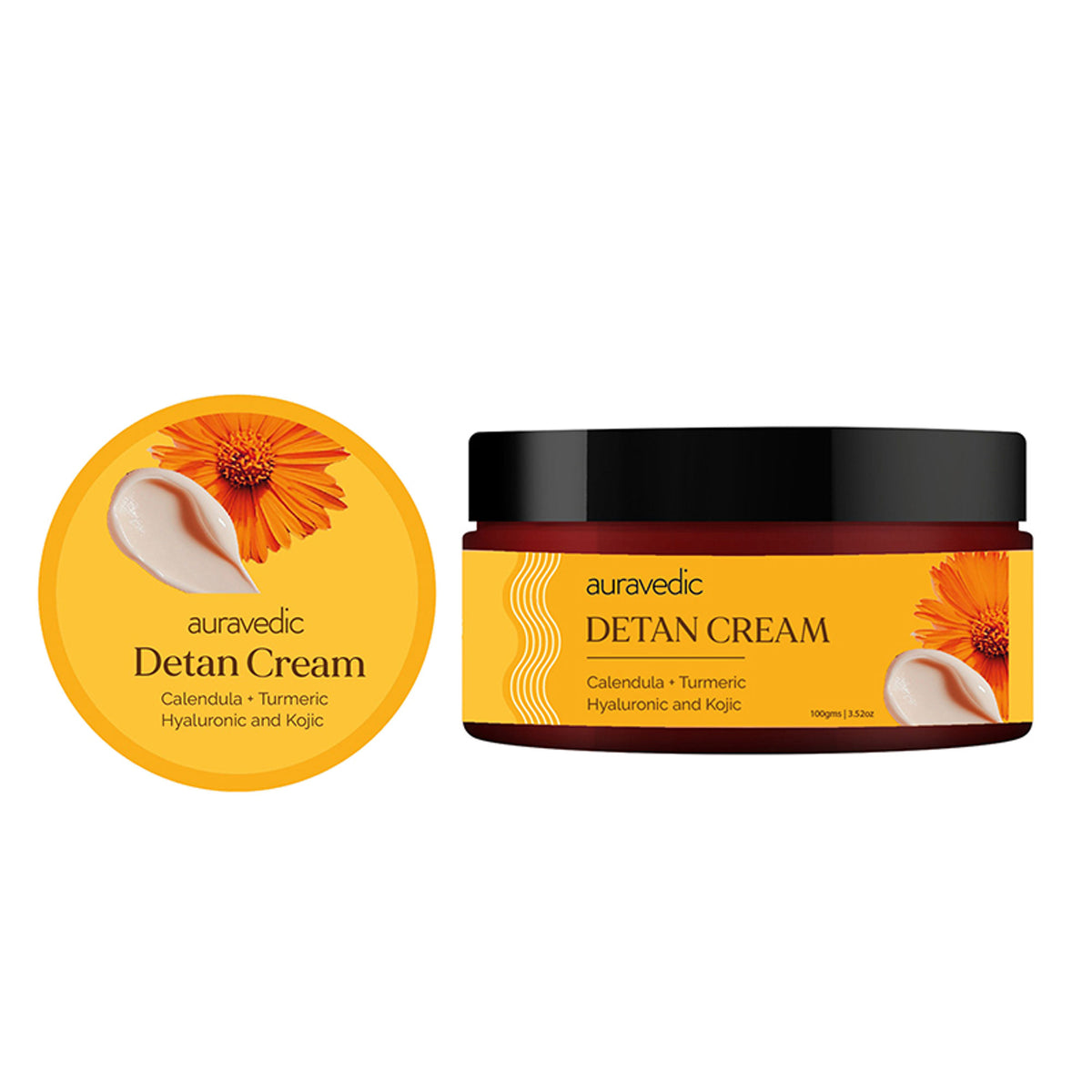 AuraVedic Detan Cream with turmeric, calendula, vitamin C, and niacinamide for tan removal and brightening skin.