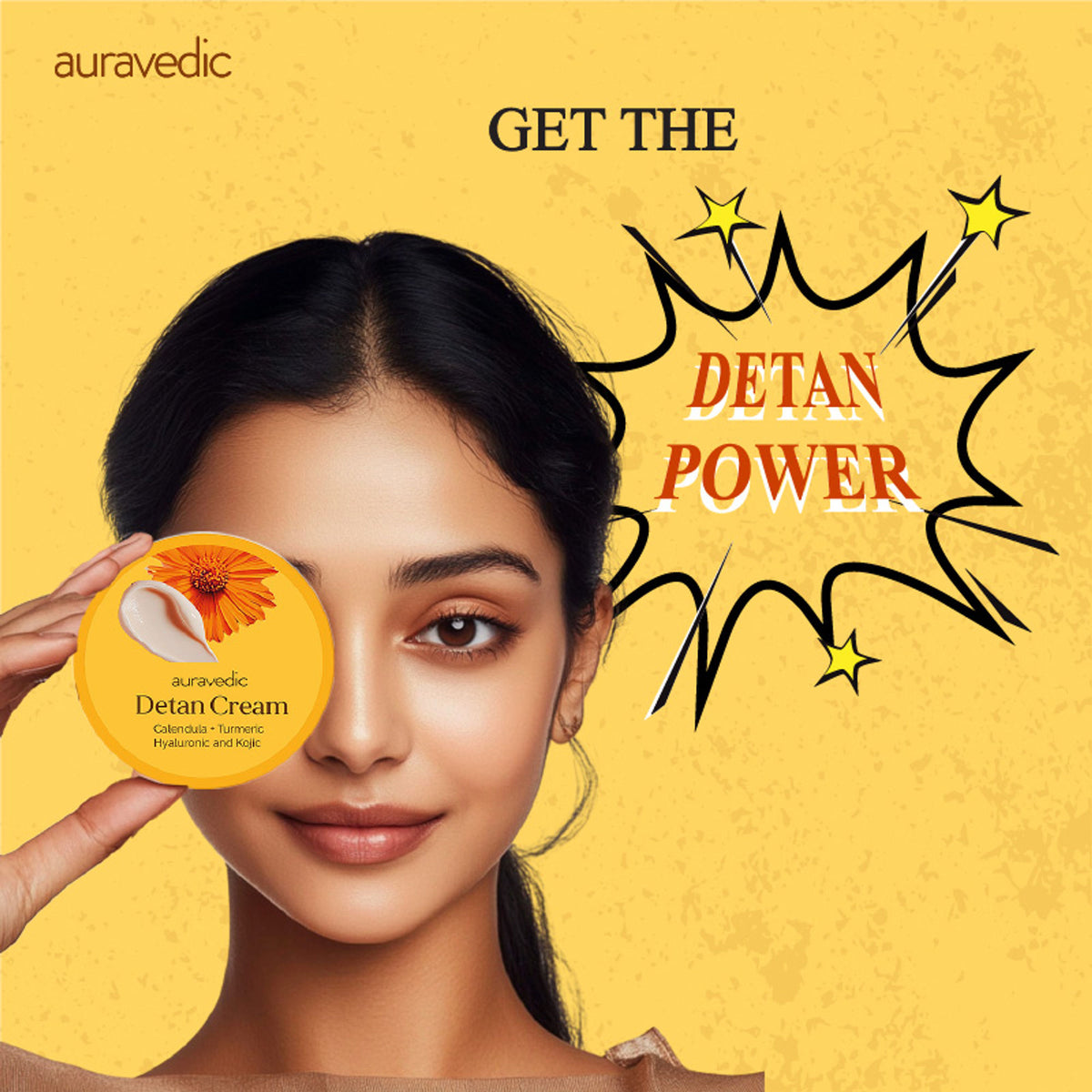 AuraVedic Detan Cream with turmeric, calendula, vitamin C, and niacinamide for tan removal and brightening.