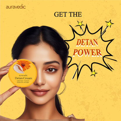 AuraVedic Detan Cream with turmeric, calendula, vitamin C, and niacinamide for tan removal and brightening.