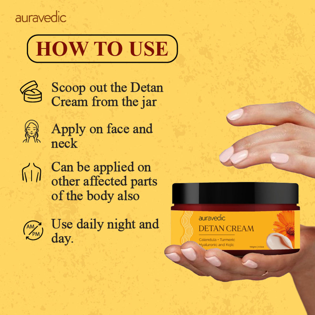 AuraVedic Detan Cream with turmeric, calendula, vitamin C, and niacinamide for tan removal and skin brightening.