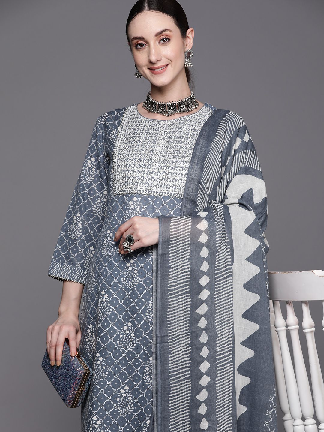 Indyancart IE Bandhani Printed Regular Thread Work Pure Cotton Kurta With Trousers & Dupatta