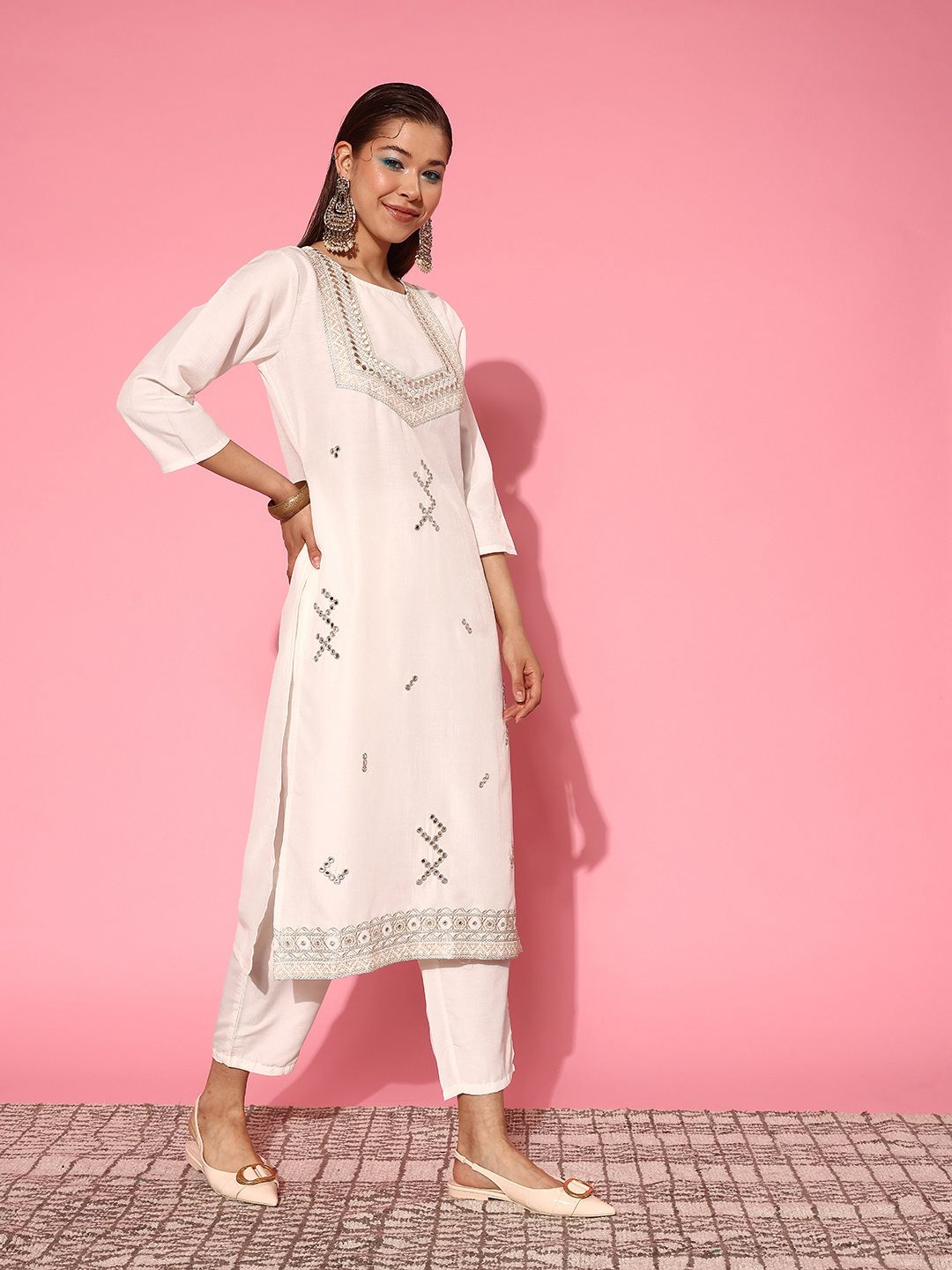 Indyancart IE Women Embroidered Regular Mirror Work Kurta with Trousers & With Dupatta