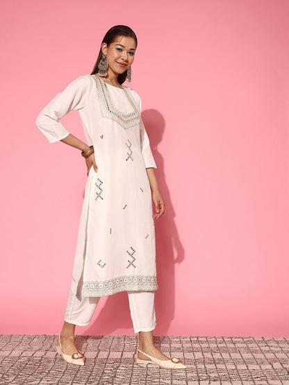 Indyancart IE Women Embroidered Regular Mirror Work Kurta with Trousers & With Dupatta