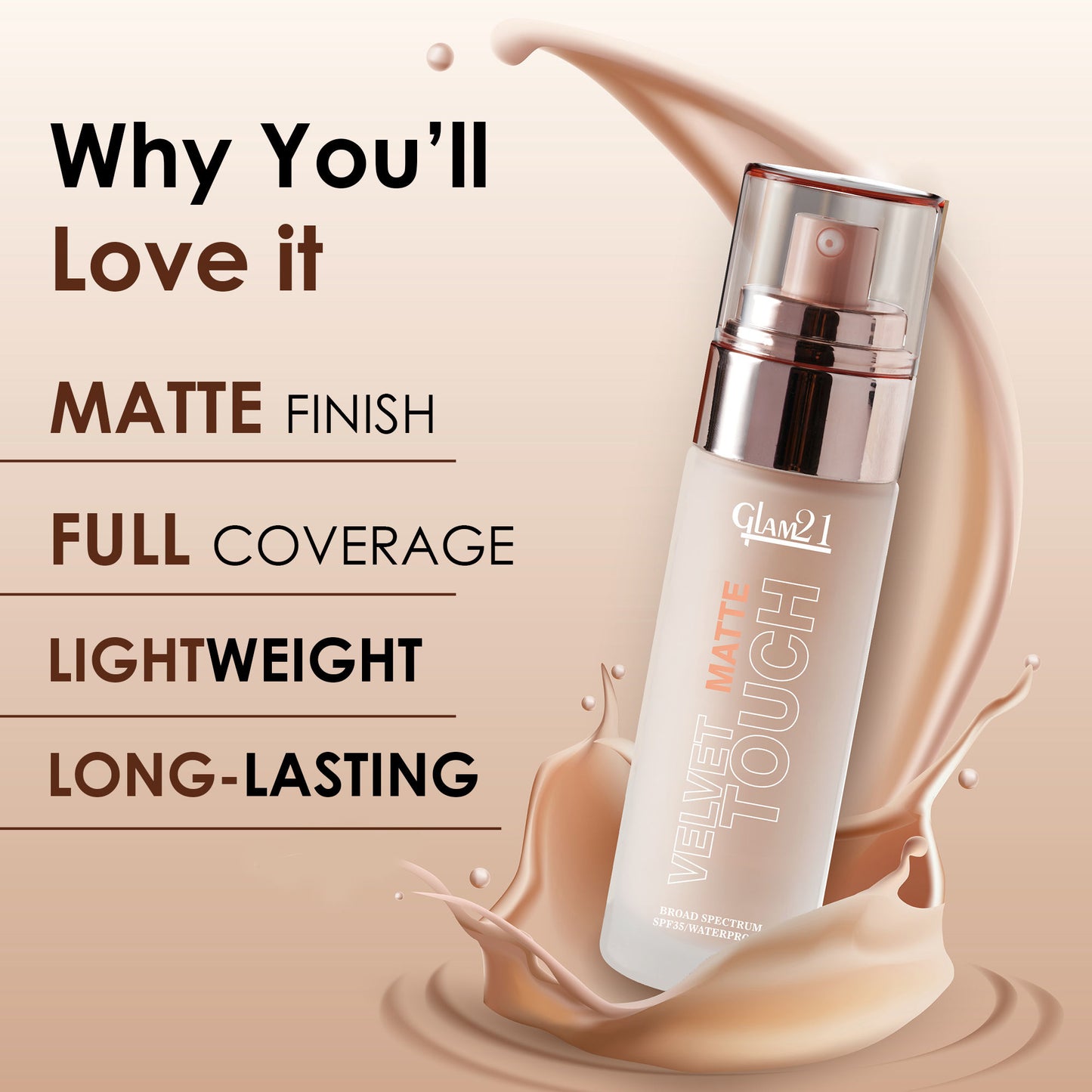 GLAM21 Velvet Touch Oil Control Foundation with SPF35 - Almond