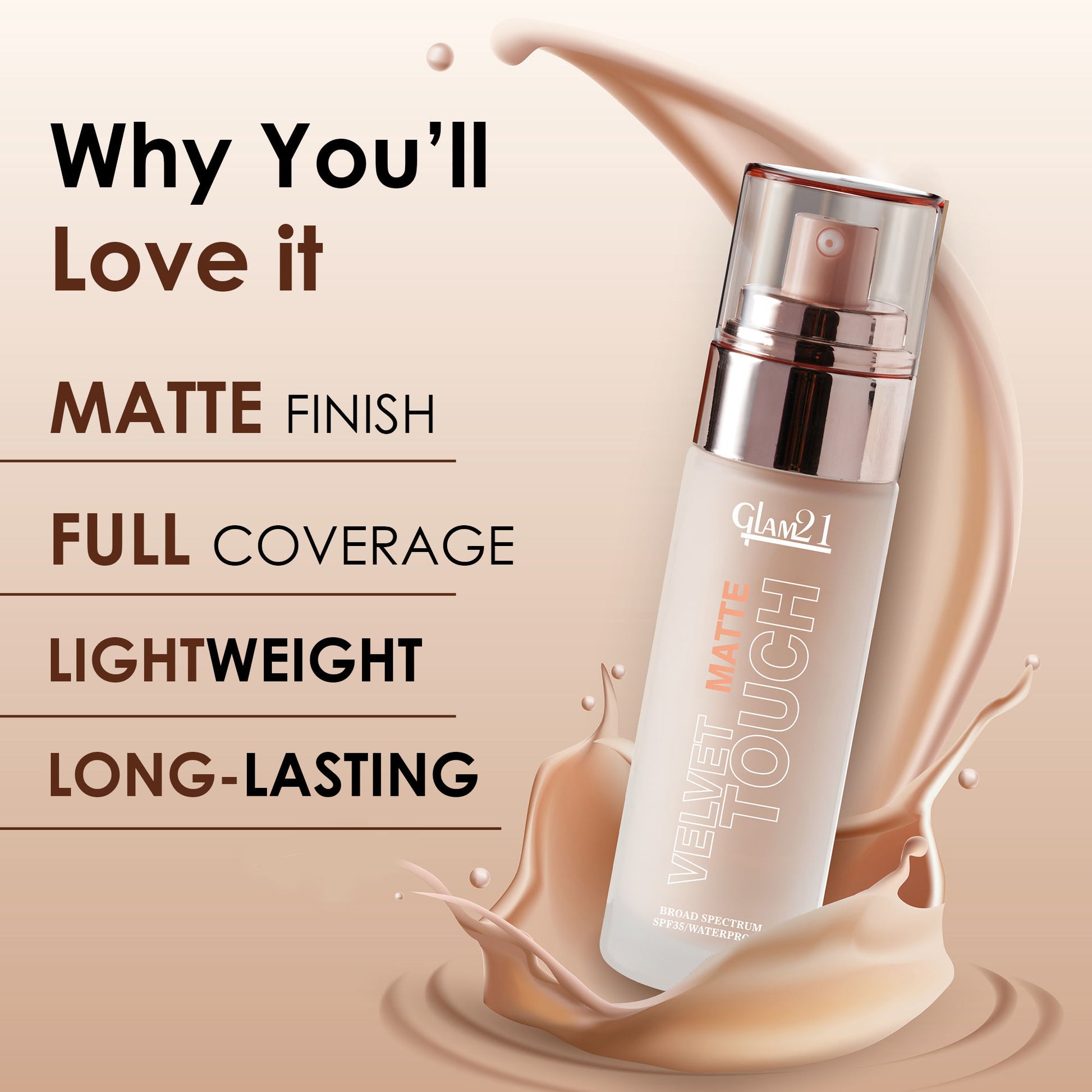 GLAM21 Velvet Touch Oil Control Foundation with SPF35 - Sand Beige