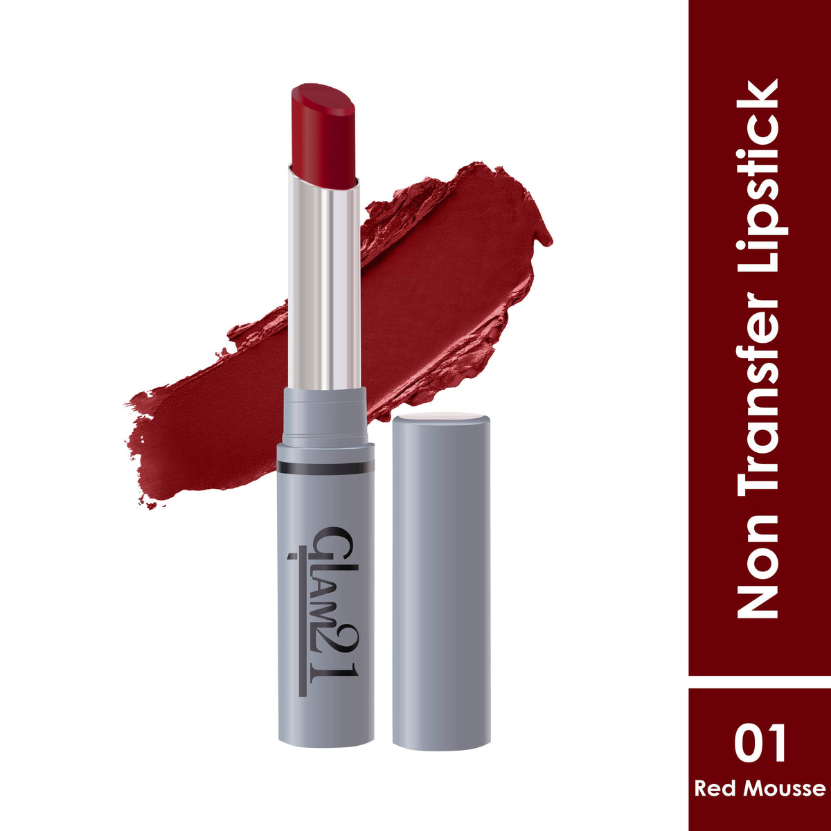 GLAM21 Long Lasting Non-transfer Lipstick in Red Mousse, featuring sleek packaging and vibrant red color.