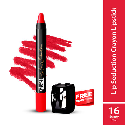 GLAM21 Lip Seduction Non-Transfer Crayon Lipstick in Sunny Red, showcasing vibrant, smooth lipstick applied on lips.