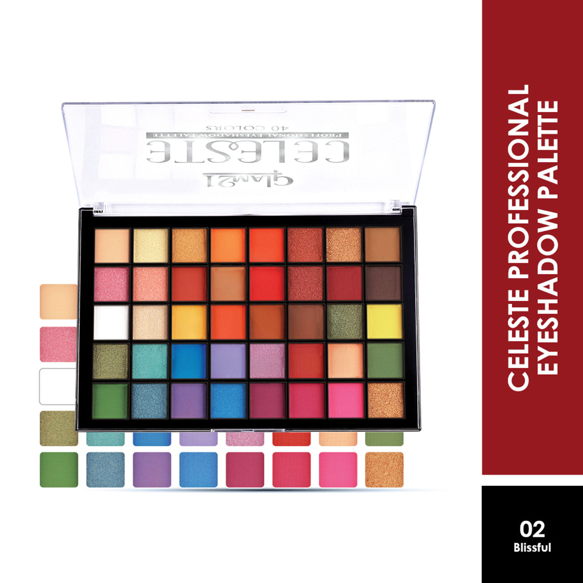 GLAM21 Celeste Professional 40-color eyeshadow palette with neutral and vibrant shades, perfect for versatile eye makeup looks.