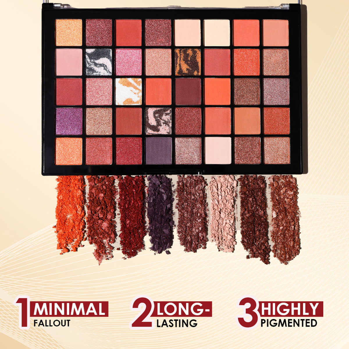 GLAM21 Celeste professional 40-color eyeshadow palette with neutral and vibrant shades, featuring matte and shimmer finishes.