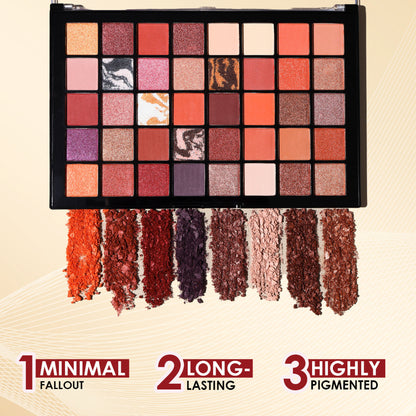 GLAM21 Celeste professional 40-color eyeshadow palette with neutral and vibrant shades, featuring matte and shimmer finishes.