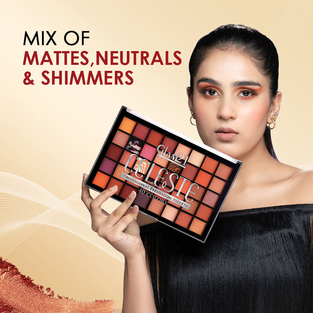 GLAM21 Celeste Professional 40 Colors Eyeshadow Palette in Blissful with a variety of vibrant and neutral shades displayed.