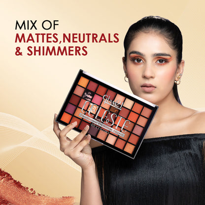 GLAM21 Celeste Professional 40 Colors Eyeshadow Palette in Blissful with a variety of vibrant and neutral shades displayed.