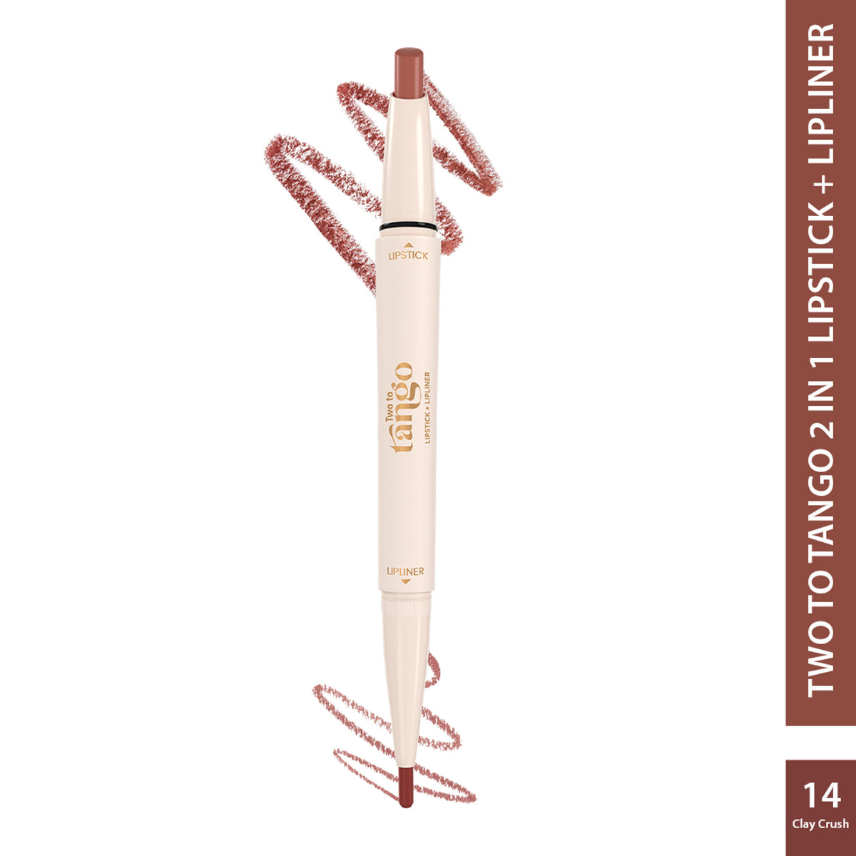 GLAM21 Two To Tango lip liner and lipstick duo in Clay Crush with matching nude shades, displayed in a sleek compact.