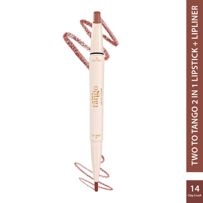 GLAM21 Two To Tango lip liner and lipstick duo in Clay Crush with matching nude shades, displayed in a sleek compact.